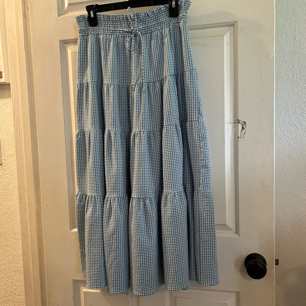 Zara Light Blue Gingham Tiered Maxi Skirt